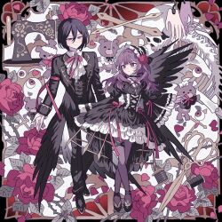1boy 1girl absurdres black_dress black_hair black_jacket black_pants black_suit black_wings bungou_stray_dogs closed_mouth collared_shirt commission dress feathered_wings flower formal_clothes full_body fyodor_dostoyevsky_(bungou_stray_dogs) hair_between_eyes highres jacket juliet_sleeves lolita_fashion long_sleeves meremero neck_ribbon original pants pantyhose puffy_sleeves puppet_strings purple_eyes red_flower red_rose ribbon rose scissors second-party_source sewing_machine shirt short_hair skull smile spool stuffed_animal stuffed_toy suit teddy_bear white_shirt wings
