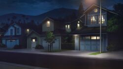 bush cloud cloudy_sky curtains dim_lighting fern forest garage highres lamppost lawn mountainous_horizon nature night no_humans non-web_source official_art our_life:_beginnings_and_always outdoors road road_sign scenery sidewalk sign sky suburb tree variant_set window