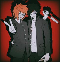 2boys arm_around_waist black_coat black_eyes black_hair boxcutter coat cowboy_shot fang gakuran glasses glitch highres holding holding_boxcutter holding_knife knife looking_at_viewer male_focus multiple_boys orange_hair randal&#039;s_friends randal_ivory red_background school_uniform short_hair tsukada_satoru uri_ka55 v