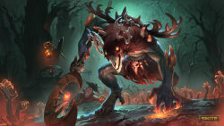 Rule 34 | 1boy, 1other, absurdres, animal skull, antlers, anubis (cryptid death) (smite), anubis (smite), bare tree, brown gloves, claws, deer skull, disembodied hand, english text, gloves, glowing, glowing eyes, hat, highres, holding, holding staff, horns, horror (theme), lantern, logo, monster, night, official alternate costume, official art, outdoors, red scarf, scarf, short hair, smite, solid eyes, solo focus, staff, tree, yellow eyes