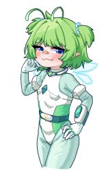 :3 absurdres alien antennae bandaid bandaid_on_face bandaid_on_nose belt blue_eyes blush breasts bug detached_wings fang ferumi_kaipa green_hair hair_intakes hand_on_own_hip highres indie_virtual_youtuber insect_wings petite pointy_ears ryoshi short_twintails small_breasts smug spacesuit twintails upper_body virtual_youtuber watch white_background wings wristwatch