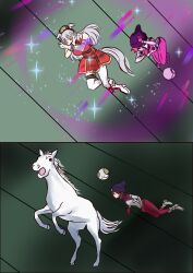 &gt;_&lt; 2girls absurdres amate_yuzuriha animal_ears animalization beanie beatsheavens0735 bodysuit closed_eyes commentary_request creature_and_personification dress floating gold_ship_(racehorse) gold_ship_(umamusume) green_background grey_hair gundam gundam_gquuuuuux haro hat highres horse horse_ears horse_girl horse_tail long_hair multicolored_bodysuit multiple_girls parody partial_commentary person_and_animalization personification pillbox_hat real_life red_bodysuit red_dress red_hair scene_reference short_dress short_hair sleeveless sleeveless_dress sparkle star_(symbol) surprised tail transformation umamusume white_bodysuit white_horse x_arms zeknova