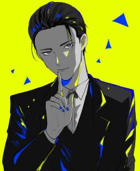 1boy black_hair black_suit bow bowtie collared_shirt detective eyelashes fate/grand_order fate_(series) formal_clothes greyscale_with_colored_background hair_slicked_back head_tilt highres index_finger_raised looking_at_viewer loose_hair_strand nail_polish okome_oisii sherlock_holmes_(fate) shirt solo suit triangle_background yellow_background