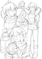 1girl arms_behind_head backpack bag commentary_request cup fukana_miyu_(kokuya28) full_body greyscale hair_between_eyes hair_ornament highres kokuya_(kokuya28) long_sleeves looking_afar looking_at_viewer monochrome mug multiple_views open_mouth original shirt short_hair simple_background sketch sleeping_bag smile sweater sweater_vest tomboy turtleneck turtleneck_sweater x_hair_ornament