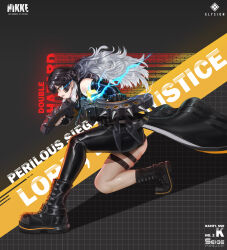 1girl absurdres ass asymmetrical_pants bare_shoulders black_hair bodysuit boots dual_wielding fingerless_gloves flaming_eye from_behind gloves goddess_of_victory:_nikke gun hair_between_eyes highres holding holding_weapon k_(nikke) kneeling long_hair multicolored_hair orange_eyes pouch sharp_teeth shiny_skin single_leg_bodysuit skindentation sleeveless sleeveless_bodysuit solo teeth thigh_pouch vest waistcoat weapon white_hair zxcs011