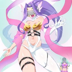 Rule 34 | 2girls, angewomon, angewomon (cosplay), bare shoulders, bikini, blonde hair, boobplate, breastplate, breasts, clothing cutout, cosplay, covered eyes, cowboy shot, digimon, digimon (creature), fairimon, fairimon (cosplay), gerusyu, head-mounted display, helmet, helmet over eyes, highres, hip vent, long hair, multiple girls, navel, pink ribbon, purple bikini, purple hair, ribbon, small breasts, solo focus, stomach cutout, swimsuit, very long hair