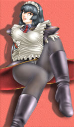 Rule 34 | 00s, 1girl, black hair, boots, breast lift, breasts, brown eyes, female focus, gloves, hanaukyou maid tai, highres, hime cut, knee boots, large breasts, long hair, looking at viewer, maid, maid headdress, necktie, panties, panties under pantyhose, pantyhose, pantyshot, sitting, solo, toten (der fuhrer), tsurugi konoe, underwear, upskirt