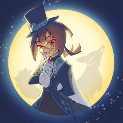 1girl brown_hair coat commentary_request gem gen_8_pokemon gloves grin hand_up hat index_finger_raised looking_at_viewer monocle moon night nintendo official_alternate_costume open_clothes open_coat outdoors pink_gemstone pokemon pokemon_masters_ex red_eyes shirt smile solo teeth thievul ukata zinnia_(pokemon) zinnia_(special_costume)_(pokemon)