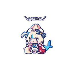 Rule 34 | 1girl, absurdres, ahoge, animal ears, blonde hair, blue eyes, blue hair, cat ears, chibi, closed mouth, crab, dress, fins, fish girl, fish tail, highres, indie virtual youtuber, lifebuoy hair ornament, long hair, low twintails, multicolored hair, one side up, sameko saba, sheep avery, sleeveless, sleeveless dress, smile, solo, streaked hair, tail, twintails, very long hair, virtual youtuber, white background, white dress