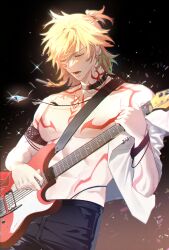 Rule 34 | 1boy, abs, absurdres, alternate costume, arm tattoo, armband, black collar, black pants, blonde hair, braid, chest tattoo, closed eyes, collar, commentary, electric guitar, facial tattoo, gradient hair, guitar, hair between eyes, highres, holding, holding guitar, holding instrument, honkai: star rail, honkai (series), instrument, jewelry, jujeop, male focus, medium hair, multicolored hair, music, mydei (honkai: star rail), neck tattoo, necklace, off shoulder, official alternate costume, open clothes, open shirt, pants, playing instrument, ponytail, red hair, red tattoo, shirt, side braid, solo, tattoo, toned, toned male, white shirt