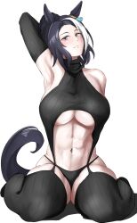 1girl alternate_costume animal_ears arm_up armpits black_gloves black_hair black_panties black_thighhighs blush breasts closed_mouth cowboy_shot ear_ornament elbow_gloves garter_straps gloves hair_bun highres horse_ears horse_girl large_breasts looking_at_viewer mejiro_ramonu_(umamusume) meme_attire midriff miya_nns35 multicolored_hair navel panties purple_eyes simple_background sitting smile solo streaked_hair thighhighs umamusume underboob underwear wariza wavy_mouth white_background white_hair