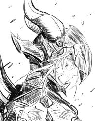 1boy armor bruise bruise_on_face commentary_request dragoon dragoon_(final_fantasy) estinien_varlineau fake_horns final_fantasy final_fantasy_xiv floating_hair greyscale helmet horned_helmet horns injury korean_commentary long_hair looking_down male_focus monochrome pauldrons profile shoulder_armor solo spiked_armor upper_body white_background ygg_ff14