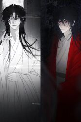 Rule 34 | 130252472701, 2boys, absurdres, black hair, chinese clothes, chinese commentary, closed mouth, coat, dao gui yi xian, facial mark, forehead mark, ghost, grey hanfu, hair between eyes, hair down, hand up, hanfu, hat, highres, jin (headwear), li huowang, limited palette, long hair, long sleeves, looking at viewer, male focus, messy hair, multiple boys, pale skin, red coat, red eyes, robe, smoke, white eyes, white hanfu, white hat, wide sleeves, zhouzi jin (headwear), zhuge yuan