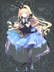 1girl black_shirt blonde_hair blue_eyes blue_skirt dairoku_ryouhei dripping feathers full_body grey_pantyhose holding holding_feather index_finger_raised jm_pbw long_hair looking_at_viewer melting pantyhose shirt short_sleeves skirt solo standing wristband