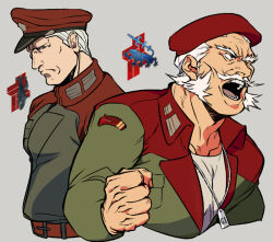 2boys armored_core armored_core_vi:_fires_of_rubicon belt beret clenched_hand collared_jacket cropped_torso dog_tags facial_hair g1_michigan g2_nile green_jacket grey_background hat jacket kepi logo male_focus military_hat military_jacket multiple_boys muscular muscular_male mustache old old_man open_mouth personification red_hat refus sideburns simple_background white_hair white_undershirt