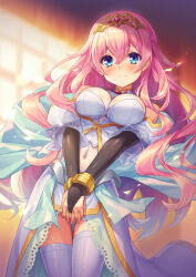 1girl absurdres bare_shoulders blue_eyes blush borrowed_character breasts christmas commission dancer dancer_(final_fantasy) highres long_hair medium_breasts navel odoriko_(momoko) original pink_hair santa_costume sennen_sensou_aigis skeb_commission smile solo thighs wan89