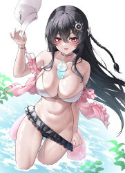 Rule 34 | 1girl, absurdres, bare shoulders, baseball cap, bikini, bikini pull, black bikini, black choker, black hair, braid, breasts, bubble tea challenge, choker, cleavage, clothes pull, commission, cup, disposable cup, frilled bikini, frills, hair between eyes, hair ornament, hat, highres, holding, holding unworn clothes, holding unworn hat, illien (illien), innertube, jacket, large breasts, lds (dstwins97), leaf, long hair, looking at viewer, mismatched bikini, navel, object on breast, off shoulder, one side up, open clothes, open mouth, open shirt, original, pink jacket, pink shirt, pulling own clothes, red eyes, revision, shirt, smile, solo, stomach, strap slip, swim ring, swimsuit, thighs, unworn hat, unworn headwear, wading, water, wet, white background, white bikini