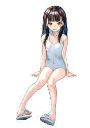1girl absurdres bare_shoulders black_hair blush breasts brown_eyes collarbone covered_navel emutsuichi flip-flops full_body highres long_hair looking_at_viewer one-piece_swimsuit open_mouth original sandals simple_background small_breasts smile solo swimsuit teeth white_background white_one-piece_swimsuit