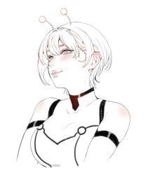 Rule 34 | 1girl, alien, antennae, artist name, vamola (dandadan), bare shoulders, blush, bodysuit, breasts, closed mouth, collarbone, commentary, cropped torso, dandadan, elbow gloves, english commentary, full body, gloves, greyscale, hair behind ear, hair between eyes, large breasts, lips, monochrome, short hair, smile, solo, spot color, turtleneck, turtleneck bodysuit, white background, yiiande