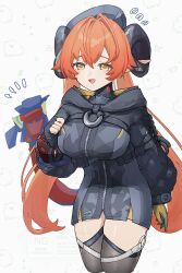1girl asymmetrical_gloves breasts cropped_hoodie dragon_girl dragon_horns dragon_tail gloves highres hood hoodie horns mismatched_gloves orange_hair orange_pupils orpheus_(zenless_zone_zero) solo suwa_(swk_kkk) tail yellow_gloves zenless_zone_zero