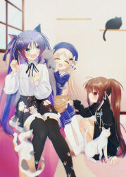 Rule 34 | 3girls, :d, ^ ^, absurdres, ahoge, alternate costume, animal, animal on lap, animal on shoulder, animal print, bat hair ornament, bell, beret, black hoodie, black ribbon, black skirt, black thighhighs, blue dress, blue eyes, blue headwear, blush, bow, brown cat, brown hair, casual, cat, cat on lap, cat on shoulder, cat print, character print, clenched hands, closed eyes, collared shirt, commentary request, crescent, crescent hair ornament, doruji, dress, eyes visible through hair, fang, feet out of frame, frilled ribbon, frills, garter straps, grey hair, hair bell, hair bow, hair ornament, hair ribbon, hands up, happy, hat, high-waist skirt, highres, hood, hood down, hoodie, indoors, jingle bell, little busters!, long hair, long sleeves, looking at animal, multiple girls, natsume rin, natsuoto rito, neck ribbon, noumi kudryavka, on lap, open mouth, parted bangs, petting, ponytail, purple hair, red eyes, ribbon, sasasegawa sasami, shirt, short dress, sidelocks, sitting, skirt, sleeves past wrists, smile, squatting, star (symbol), star print, straight hair, thighhighs, tsurime, two side up, very long hair, white bow, white ribbon, white shirt, zettai ryouiki