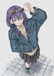 1girl adjusting_eyewear aqua_shoes arm_up black_skirt black_socks blue_jacket braid collared_shirt commentary crossed_bangs eyewear_on_head from_above full_body grey_background grin hair_between_eyes hand_in_pocket highres jacket level9kaito long_hair long_sleeves looking_at_viewer low_twin_braids orange_eyes original parted_lips pleated_skirt purple_hair shirt shoes simple_background skirt smile sneakers socks solo standing striped_clothes striped_shirt sunglasses symbol-only_commentary tile_floor tiles twin_braids white-framed_eyewear
