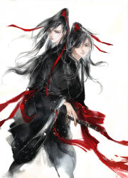 2boys back-to-back black_hair black_hanfu chinese_clothes closed_mouth dizi dual_persona floating_clothes floating_hair flute flute_tassel grey_eyes hair_ribbon hanfu high_ponytail highres holding holding_flute holding_instrument ink_wash_painting instrument kcllzas163 light_particles locked_arms long_hair long_sleeves looking_at_viewer male_focus modao_zushi multiple_boys painting_(medium) ponytail red_ribbon red_sash ribbon robe sash simple_background smile standing tassel third-party_source traditional_media transverse_flute wei_wuxian white_background wide_sleeves