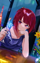 1girl arima_kana blue_dress blurry blush bob_cut champagne_flute clenched_hand collarbone commentary cup depth_of_field dress drink drinking_glass elbow_on_table flower formal_clothes funi_mu9 hair_ornament hairpin hand_on_own_cheek hand_on_own_face highres holding holding_cup inverted_bob jewelry medium_hair necklace night oshi_no_ko red_eyes red_hair solo vase window