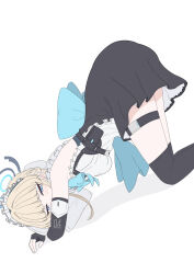 1girl apron black_dress black_thighhighs blonde_hair blue_archive blue_eyes blue_halo bow breasts dress elbow_gloves fingerless_gloves gloves hakuaiiii halo highres long_hair looking_at_viewer maid maid_apron maid_headdress simple_background sleeveless solo thighhighs toki_(blue_archive) white_apron white_background