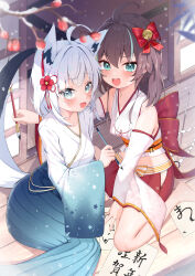 2girls ahoge animal_ear_fluff animal_ears aqua_eyes barefoot bell blue_hakama blue_kimono blush bow brown_hair commentary crop_top day detached_sleeves double-parted_bangs feet_out_of_frame flower fox_ears fox_girl fox_tail gradient_clothes gradient_kimono hair_bell hair_between_eyes hair_bow hair_flower hair_ornament hakama hakama_short_skirt hakama_skirt high-waist_skirt highres holding holding_paintbrush hololive japanese_clothes kanzashi kimono long_hair long_sleeves looking_at_viewer medium_hair midriff multiple_girls natsuiro_matsuri natsuiro_matsuri_(new_year) new_year nontraditional_miko official_alternate_costume on_floor open_mouth outdoors paintbrush paper red_bow red_skirt shirakami_fubuki shirakami_fubuki_(new_year) sidelocks sitting skirt smile snowing tail tatami translation_request virtual_youtuber wariza white_hair white_kimono wide_sleeves wooden_floor yokozuwari yoshie_eneko