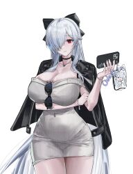 1girl absurdres arm_under_breasts black_bow black_bra black_choker black_jacket black_panties bow bra bra_visible_through_clothes breasts choker cinderella_(beautiful_me)_(nikke) cinderella_(nikke) cleavage closed_mouth collar collarbone covered_navel cowboy_shot disgustingtokki dongtan_dress dress eyewear_hang goddess_of_victory:_nikke grey_dress hair_over_one_eye heart_collar highres holding holding_phone huge_breasts jacket jacket_on_shoulders long_hair meme_attire official_alternate_costume pale_skin panties panties_visible_through_clothes phone red_eyes simple_background skin_tight solo sunglasses thick_thighs thighs tight_clothes tight_dress underwear unworn_eyewear very_long_hair white_background white_hair