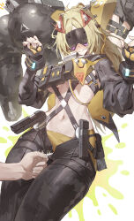 1girl 1other absurdres ass black_gloves black_pants black_shrug blonde_hair blush breasts camouflage camouflage_jacket camouflage_pants closed_mouth commentary_request duplicate facing_viewer fingerless_gloves gloves hair_ornament hands_up highres jacket korean_commentary large_breasts long_hair multiple_views navel netural pants ponytail shrug_(clothing) solo_focus stomach sweat trigger_(zenless_zone_zero) zenless_zone_zero zipper_pull_tab
