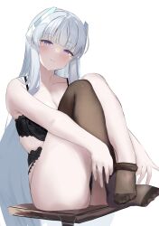 1girl absurdres aramocyaillust black_bra black_panties blue_archive bra bright_pupils brown_pantyhose closed_mouth collarbone feet grey_hair headgear highres long_hair looking_at_viewer no_halo noa_(blue_archive) panties pantyhose purple_eyes simple_background sitting smile solo underwear underwear_only white_background white_pupils