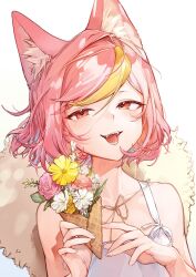 1girl :d absurdres animal_ear_fluff animal_ears blonde_hair blue_hair bouquet cat_ears cat_girl dress fangs flower hat hat_on_back highres holding holding_bouquet ice_cream_cone lingxia looking_at_viewer multicolored_hair open_mouth original pink_flower pink_hair short_hair sleeveless sleeveless_dress smile straw_hat streaked_hair sundress waffle_cone white_dress white_flower yellow_flower