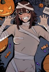Rule 34 | 1girl, absurdres, areola slip, bags under eyes, bandaged arm, bandaged head, bandages, black eyes, black sclera, breasts, brown hair, candy, claw pose, clenched teeth, colored sclera, commentary request, covered erect nipples, cross scar, drooling, female pubic hair, food, halloween, highres, jack-o&#039;-lantern, looking at viewer, medium hair, naked bandage, navel, open mouth, original, pubic hair, redcalypso, scar, small breasts, solo, teeth, zombie