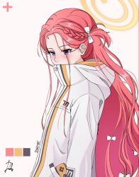 1girl arm_at_side artist_name blue_archive blue_eyes blush bow braid coat color_guide commentary covered_mouth english_commentary english_text from_side hair_behind_ear hair_bow halo handheld_game_console highres hood hood_down hooded_coat long_bangs long_hair long_sleeves looking_down pocket rahmat red_hair side_braid signature simple_background solo standing upper_body very_long_hair wavy_hair white_background white_bow white_coat yellow_halo yuzu_(blue_archive)