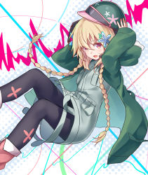 10s 1girl adjusting_clothes adjusting_headwear black_pantyhose blonde_hair blush braid female_focus flower green_jacket hair_flower hair_ornament hat highres hood hooded_jacket jacket long_sleeves looking_at_viewer misono_chiaya ninnzinn open_mouth pantyhose red_eyes short_hair_with_long_locks sidelocks solo the_rolling_girls twin_braids