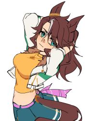 1girl absurdres animal_ears arms_behind_head arms_up blue_eyes breasts brown_hair closed_mouth commentary_request cowboy_shot cropped_jacket gloves green_skirt hair_between_eyes highres horse_ears horse_girl horse_tail jacket long_hair long_sleeves looking_at_viewer mejiro_palmer_(umamusume) multicolored_hair nocturnal1113 open_clothes open_jacket ponytail simple_background single_glove skirt smile solo streaked_hair tail umamusume white_background white_gloves white_hair white_jacket