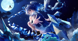200f_(nifu) 2girls ahoge arms_at_sides black_legwear bloomers blue_dress blue_eyes blue_hair blurry blurry_background blush bobby_socks bow broom broom_surfing cirno cloud commentary_request dress floating_hair frog frozen frozen_frog full_body full_moon grin hair_bow half_updo hat highres ice ice_wings kirisame_marisa knees_up long_hair looking_at_viewer looking_back looking_down moon multiple_girls night night_sky outdoors outstretched_arm outstretched_hand pinafore_dress puffy_short_sleeves puffy_sleeves reaching reaching_towards_viewer shirt short_dress short_hair short_sleeves sidelocks silhouette sky sleeveless sleeveless_dress smile socks solo_focus sparkle star_(sky) starry_sky teeth touhou touhou_lostword underwear white_legwear white_shirt wing_collar wings witch_hat x_x