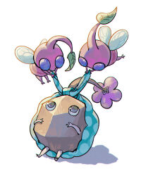 Rule 34 | aqua scrunchie, asaikaina, black eyes, black skin, blue eyes, colored skin, creature, creature focus, flower, flying, insect wings, leaf, looking at another, nintendo, no humans, no mouth, pikmin (creature), pikmin (series), pink skin, polka dot, polka dot scrunchie, purple flower, rock, rock pikmin, scrunchie, shadow, simple background, sitting, solid circle eyes, tying, upturned eyes, white background, winged pikmin, wings