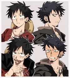 Rule 34 | 2boys, bare pectorals, black eyes, black hair, black jacket, blood, blood on face, blush, border, chest tattoo, clenched teeth, closed mouth, collarbone, commentary request, cropped torso, dekaidaikon, earrings, facial hair, full-face blush, goatee, hat, highres, hood, hooded jacket, jacket, jewelry, looking to the side, looking up, male focus, monkey d. luffy, multiple boys, multiple earrings, multiple views, one piece, open clothes, open jacket, open mouth, open shirt, parted bangs, pectorals, piercing, profile, red shirt, shirt, short hair, sideburns, sideways glance, straw hat, tattoo, teeth, trafalgar law, unworn hat, unworn headwear, white border, wiping face