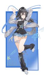 1girl absurdres arm_behind_head arm_up black_dress black_hair blue_background blue_dress bow commentary dress flantia full_body gradient_hair grey_bow grey_eyes grey_hair grey_jacket hair_between_eyes hair_bow highres jacket leg_up long_sleeves looking_at_viewer multicolored_hair open_clothes open_jacket open_mouth original pentagram pentagram_print shoes short_dress simple_background solo thigh_strap white_background white_shoes