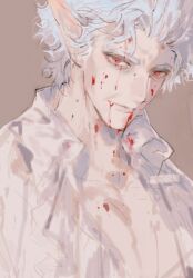 1boy astarion atmt666 baldur&#039;s_gate baldur&#039;s_gate_3 bare_pectorals blood blood_on_body blood_on_face brown_background collarbone collared_shirt dungeons_&amp;_dragons dungeons_&amp;_dragons fang highres long_pointy_ears looking_to_the_side male_focus messy_hair open_clothes open_shirt pectorals pointy_ears red_eyes shirt short_hair simple_background solo thick_eyebrows upper_body vampire white_hair white_shirt
