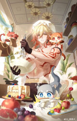 1boy absurdres apple apron arm_strap baking black_apron black_gloves blonde_hair bowl braid cake chimera_(honkai:_star_rail) chinese_commentary commentary_request creature creature_on_shoulder food fruit gloves gradient_hair grapes hair_between_eyes highres holding holding_bowl holding_whisk honkai:_star_rail honkai_(series) indoors male_focus medium_hair multicolored_hair mydei_(honkai:_star_rail) o8622 on_shoulder plant pomegranate potted_plant red_hair side_braid sleeves_rolled_up solo topless_male watermark weibo_username weibo_watermark whisk whisking window yellow_eyes