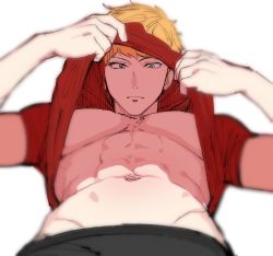 1boy abs blonde_hair busujima_rio_mason clothes_lift from_below groin hypnosis_mic lifting_own_clothes looking_at_viewer lying male_focus mokks navel on_back pectorals red_shirt shirt shirt_lift short_hair short_sleeves simple_background solo toned toned_male white_background