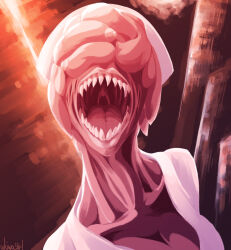1girl brown_background bubble_head_nurse colored_skin commentary_request highres horror_(theme) monster_girl open_mouth pink_skin sharp_teeth shirt signature silent_hill_(series) silent_hill_2 solo teeth ukiwagirl uvula white_shirt