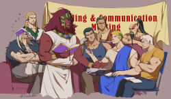 6+boys ancient_egyptian_clothes ancient_egyptian_hat angron arm_hair bald banner beard beard_stubble black_hair blonde_hair blue_pants blue_tank_top book book_on_head bracer braid broken_pencil brown_pants cable chair cheekbones chest_hair closed_eyes colored_skin commentary couch dark_angels drooling english_commentary facial_hair falloutbart ferrus_manus folding_chair from_side frown full_beard fur-trimmed_footwear fur_trim goatee hairy head_tilt high_ponytail highres holding holding_book holding_pencil imperial_fists iron_hands_(warhammer) iron_warriors jaghatai_khan laurel_crown leman_russ lightning_bolt_symbol lion_el&#039;jonson long_beard long_hair long_mustache magnus_the_red male_focus mature_male mechabare missing_eye multiple_boys muscular muscular_male mustache object_on_head on_couch open_mouth pants pectoral_cleavage pectorals pencil perturabo ponytail primarch purple_background red_hair red_skin roboute_guilliman rogal_dorn shirt short_hair signature simple_background sitting smile space_wolves standing straight-on stubble t-shirt talking tank_top thick_eyebrows thousand_sons tied_beard tn toga topknot ultramarines warhammer_40k white_scars world_eaters yellow_shirt zzz