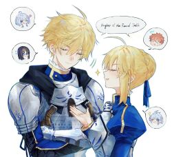 1boy 1girl ahoge armor arthur_pendragon_(fate) artoria_pendragon_(fate) blonde_hair blue_ribbon bun_with_braided_base closed_mouth commentary crossed_arms emiya_shirou fate/grand_order fate/prototype fate/stay_night fate_(series) hair_ribbon hand_up highres merlin_(fate) merlin_(fate/prototype) nigiri ribbon saber_(fate) sajou_ayaka_(fate/prototype) shared_speech_bubble shoulder_armor simple_background sparkle speech_bubble spoken_character talking twitter_username upper_body watermark white_background