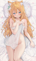 1girl animal_ears areola_slip blue_archive blue_eyes blush breasts camisole camisole_lift closed_mouth clothes_lift covered_erect_nipples covered_navel flower from_above goldowl hair_flower hair_ornament halo head_on_pillow highres long_hair looking_at_viewer mari_(blue_archive) nipples off_shoulder orange_hair petals petite pillow see-through_clothes small_breasts smile solo white_camisole yellow_halo