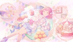 Rule 34 | 1girl, bug, butterfly, carousel, closed eyes, closed mouth, colorful palette, ferris wheel, flower, game cg, highres, insect, musical note, official art, ootori emu, pink hair, project sekai